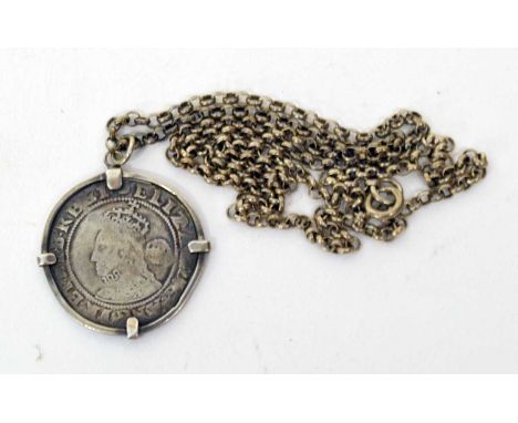 Elizabeth I sixpenny coin with left facing portrait, also with rose behind bust, dated 1592, turned into a necklace with .925