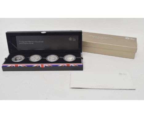 Cased Elizabeth II 60th anniversary portrait collection set, four £5 silver proof coin set