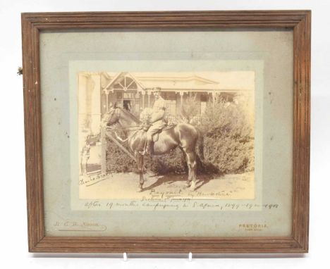 Portrait of military gentleman of officer staff, on horseback, 'Bayonet' by Hawlestone, at Pretoria 1 June 1901, after 19 mon
