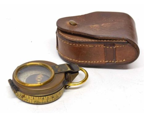 20th century British prismatic marching compass, stamped with crows foot arrow, together with leather pouch, no maker's marks