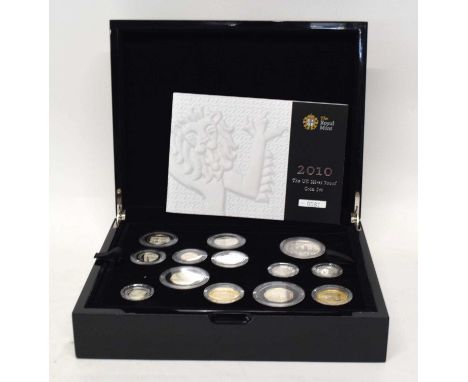 Cased Elizabeth II 60th anniversary portrait collection, four £5 silver proof coin set etc