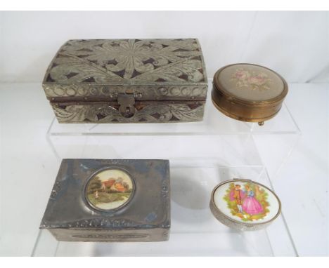 A white metal jewellery box with a floral decoration, a wooden box with white metal detailing, Margaret Rose trinket box and 