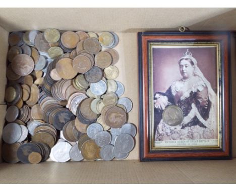 A quantity of UK coins comprising pre and post decimalisation and a framed picture of Queen Victoria with Victorian coin, app