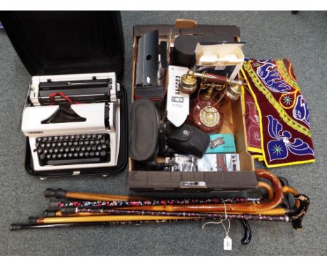 A good mixed lot to include two pairs of cased binoculars, a set of King folding sport glass binoculars, cameras, phones, dec