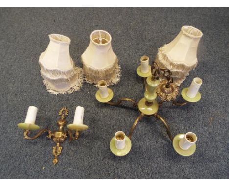 A good quality five arm chandelier with matching wall lamp with shades