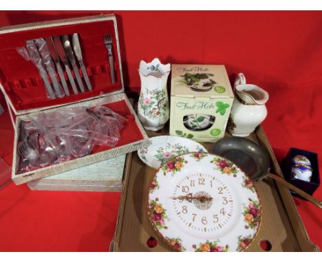 A good mixed lot to include two sets of cutlery, a Royal Albert Old Country Roses wall clock, Aynsley ceramic tableware, Myot