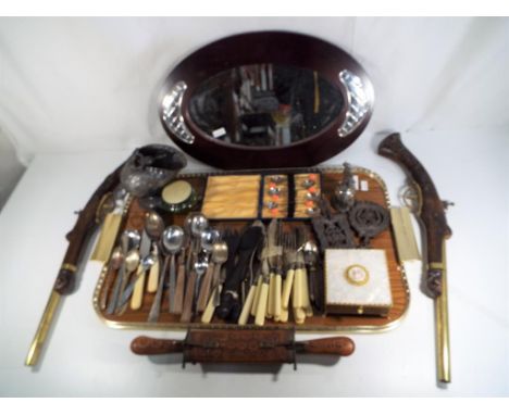 A tray containing a good mixed lot of plated flatware, some bone handled cutlery with silver collars, a glass trinket contain