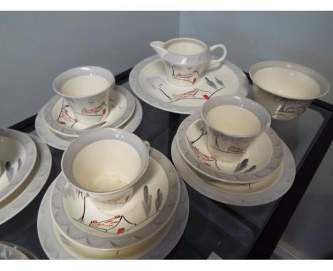 A good quality Art Deco tea service by Barratts of Staffordshire to include six trios, creamer, sugar bowl and large plate al