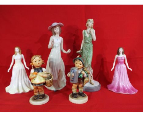 A good lot to include two Hummel figures, a Nao figurine depicting a lady (A/F), two Royal Doulton Gemstones Collection ladie