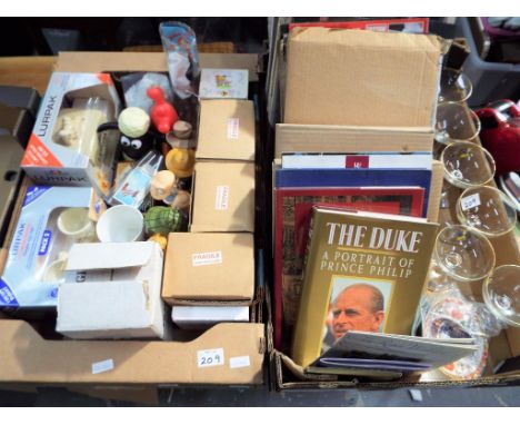 Two boxes containing a mixed lot to include a large collection of Royal Commemorative memorabilia, Lurpak ceramic collectable