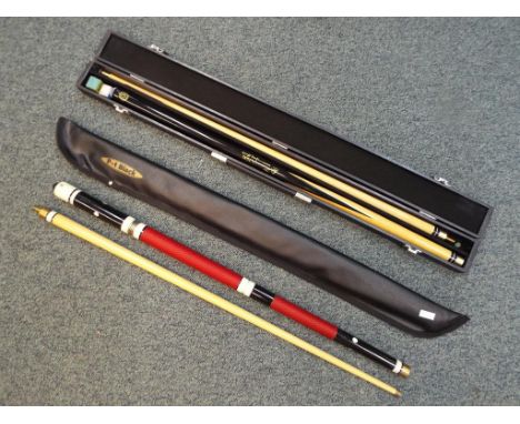 A good quality cased BCE pool cue, model Jimmy White Pool Master, a Pot Black snooker cue in carry case (2)