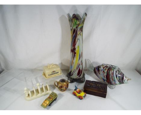 A good mixed lot to include a Murano style large glass vase, a quantity of Lurpak ceramic tableware, a diecast model motor ve