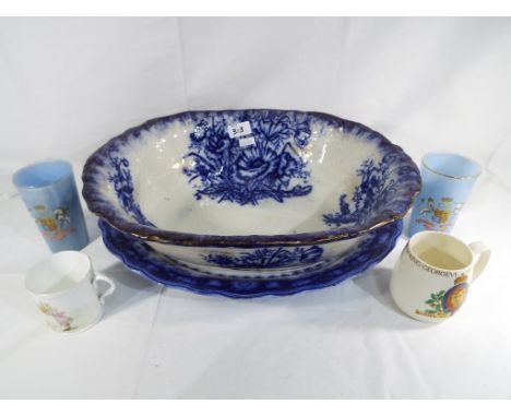 A large ceramic wash bowl and tray, also included in the lot are two glass Royal Commemorative Queen Elizabeth drinking glass