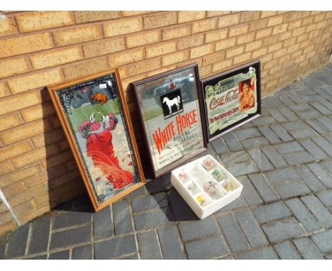 A Coca Cola bar mirror 45 cm x 60 cm, a White Horse Fine Old Scotch Whisky mirrored back advertising mirror 60 cm x 45 cm, an