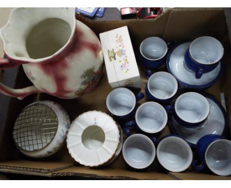 A good mixed lot of predominantly ceramics to include Denby, ceramic tableware, a Royal Albert candle holder decorated in the