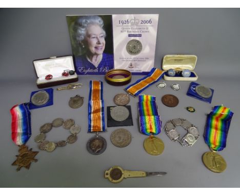 WORLD WAR I MEDALS, collectable coinage, bracelets and cufflinks, a quantity, including a 1914-1918 pair awarded to 308231 Pt