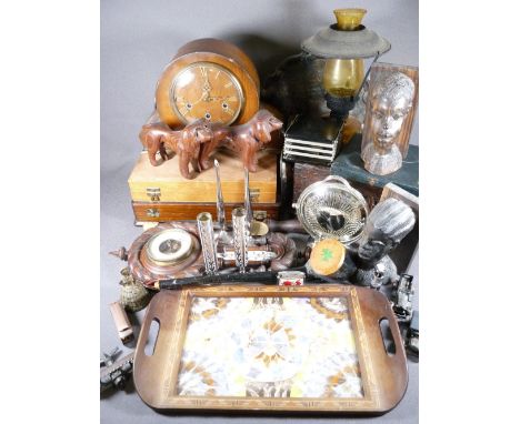 TREEN - a wall barometer, a pair of African style bookends, an Irish Shillelagh, a mantel clock, cased part cutlery and a qua