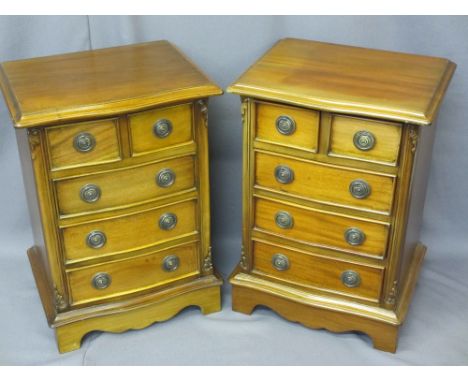 REPRODUCTION MAHOGANY BEDSIDE CHESTS, a pair, having two small over three larger drawers with ring-pull handles on plinth bas