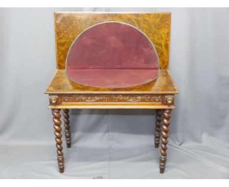 VICTORIAN WALNUT FOLD-OVER CARD TABLE, burr walnut rectangular top with circular purple baize to the interior centre, lion ma