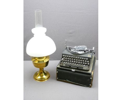 IMPERIAL GOOD COMPANION VINTAGE TYPEWRITER and a brass oil lamp with glass shade and chimney