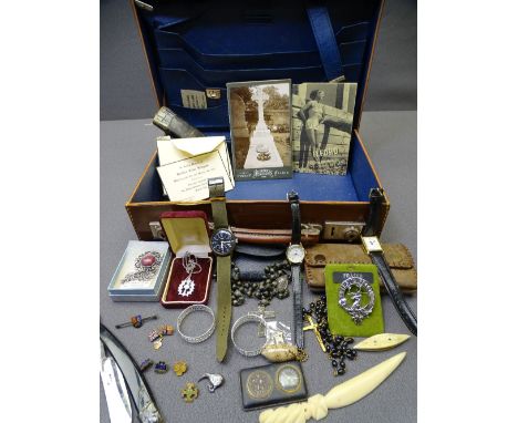 SMALL VINTAGE STATIONERY CASE and contents including costume jewellery, Girl Guide enamel and other badges, wristwatches, cut