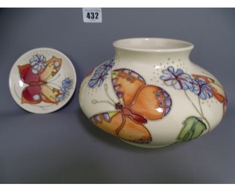 MOORCROFT 'BUTTERFLY' designed by Rachel Bishop, two items including an 18cms D squat vase, 12cms H and an 11.75cms D pin dis