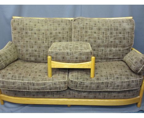 ERCOL RENAISSANCE LIGHT ELM THREE SEATER SETTEE with foot stool, 96cms H, 186cms W, 93cms D the settee