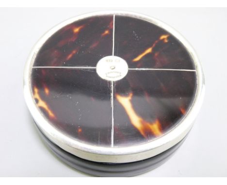 SILVER &amp; TORTOISE SHELL CIRCULAR TRINKET BOX, Birmingham 1904 with wheel form cover, maker B &amp; Co Finnigans Mancheste