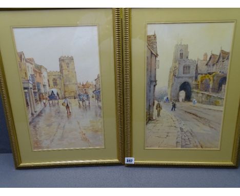 G GOODWIN watercolour studies, a pair - titled 'The Old Church, Stratford Upon Avon' and 'West Gate, Warwick', 39 x 23.5cms