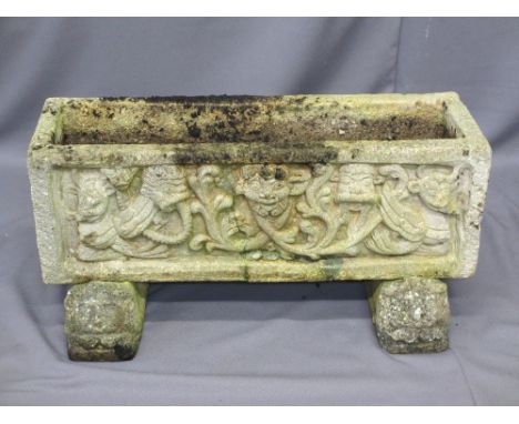 RECTANGULAR GARDEN TROUGH, reconstituted stone with gargoyle front and recumbent lion sit-on supports, 41cms H overall, 86cms