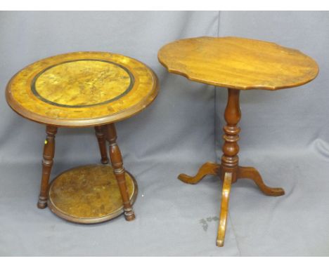 VICTORIAN MAHOGANY &amp; WALNUT SIDE TABLES X 2, including a shaped tilt-top with turned column on tripod feet and a two-tier