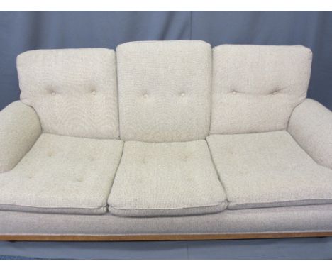 ERCOL LIGHT ELM THREE SEATER SETTEE, button upholstered in oatmeal fabric with curved arms, 70cms H, 190cms W, 91cms overall 