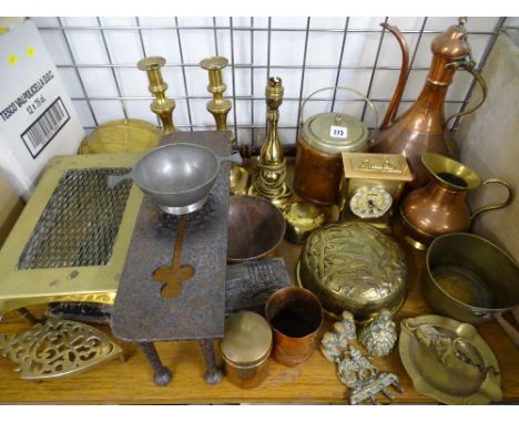 BRASS, COPPERWARE and similar items including biscuit barrel, candle holders, mantel clock, jam pan ETC