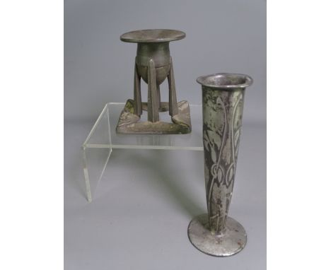 TUDRIC PEWTER CANDLESTICK &amp; FLOWER VASE, designed by Archibald Knox for Liberty &amp; Co, candlestick 9.75cms H, no. 0222