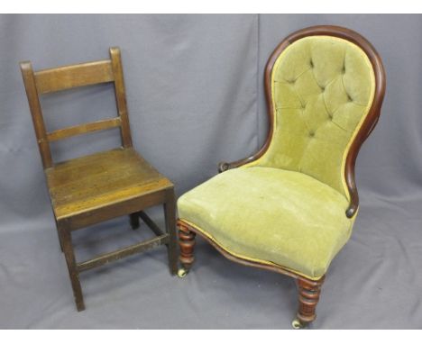 SPOON BACK SALON &amp; AN ANTIQUE OAK FARMHOUSE CHAIR, the former Victorian mahogany with button upholstered back and turned 