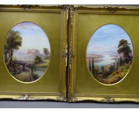 TWO ROYAL WORCESTER PORCELAIN OVAL PLAQUES having painted scenes by Rushton, titled verso 'Constantinople from (spelt) Eyoub'