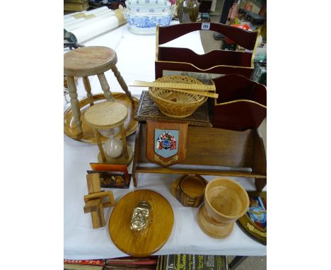 TREEN ITEMS - book rack, foot stool, egg timer ETC