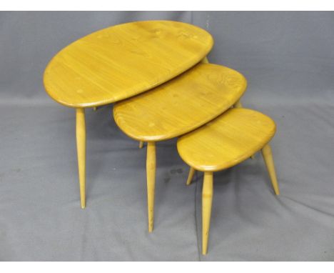 ERCOL LIGHT ELM PEBBLE TABLES, set of three, 39cms H, 65cms W, 44cms D the largest
