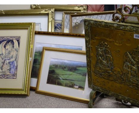 BRASS FIRESCREEN MARITIME SCENE and gilt framed mirrors, prints ETC