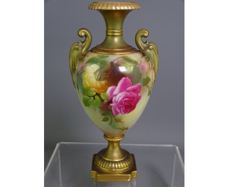 ROYAL WORCESTER VASE, pattern no. 1969, twin handled, ovoid shape, decorated with roses, unsigned, 17cms H, date code for 191