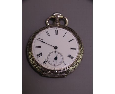 POCKET WATCH, vintage open face, the white metal case stamped 'Omega' with foliate decorated back, un-named white enamel dial