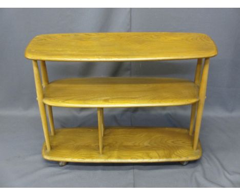 ERCOL MID-CENTURY LIGHT ELM THREE TIER STAND on wheeled castors, 75.5cms H, 91cms L, 31.5cms D