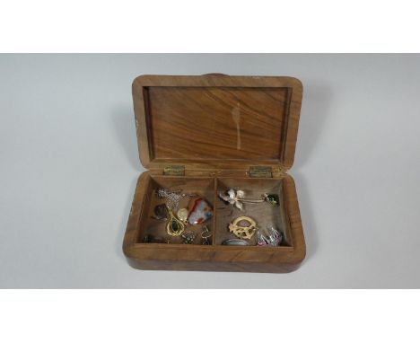 A Wooden Jewellery Box Containing Small Selection of Costume Jewellery to Include Mourning Locket, 9ct White Gold Floral Broo