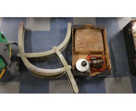 A Pair of Metal Garden Bench Ends, Box of Sundries 