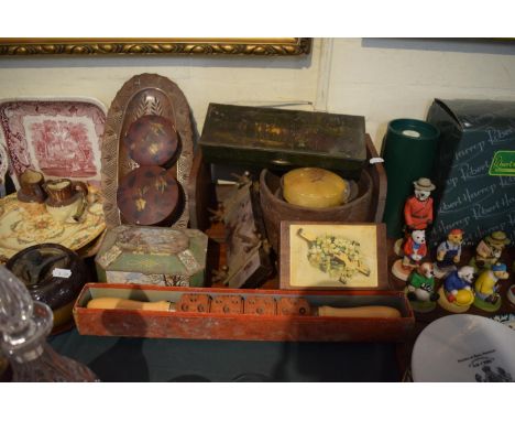 A Tray of Sundries to Include Textured Punkt Rolling Pin, Vintage Tins, Lacquered Boxes Etc 