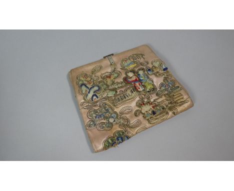 A Vintage British Made Silk Embroidered Purse with Oriental Motif Decoration, Staining to Inner, 19cm wide 