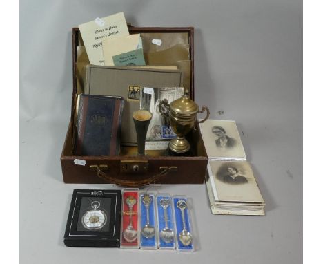 A Vintage Case Containing Souvenir Spoons, Repro Collectors Pocket Watch, Photograph Album etc 