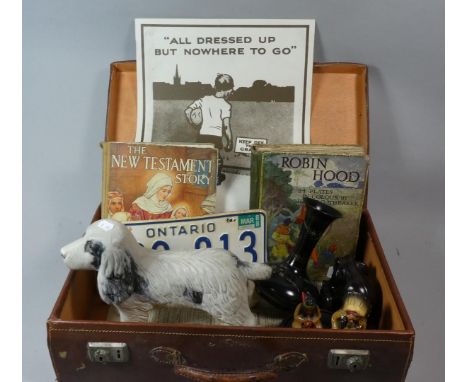 A Vintage Cased Containing Canadian Number Plate, Spaniel Ornament, Books, Poster Etc 