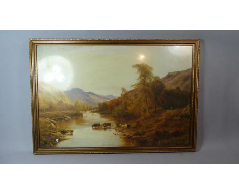 A Framed Alfred De Breanski Print, Highland Cattle in River 
