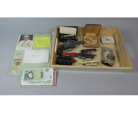 A Tray of Sundries to Include Resin Scrimshaw, Collection of Banknotes Including One Pound, Ten Shillings etc, Collection of 